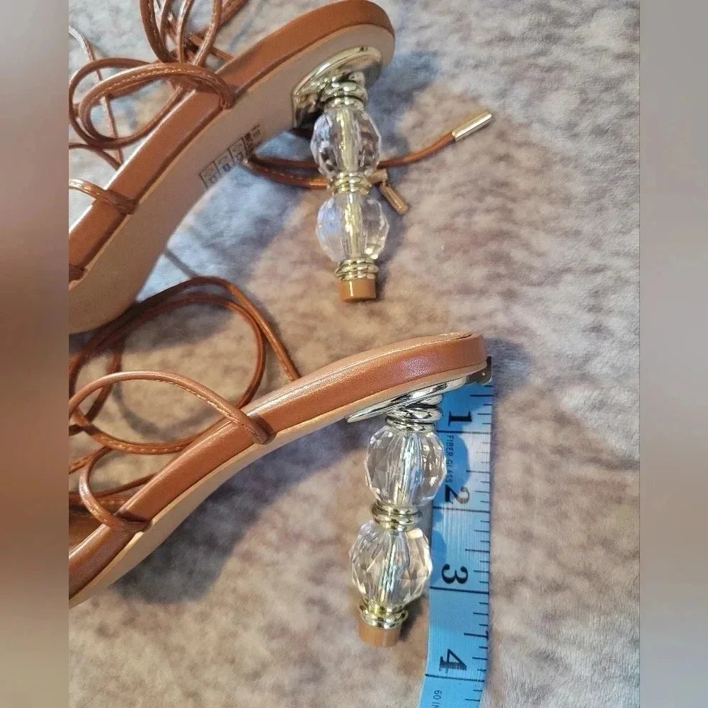 Women's 9 Caramel square toe strappy wrap around laces sandals crystal heels